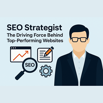 Illustration of an SEO strategist with digital icons representing website analytics, SEO tools, and strategic planning