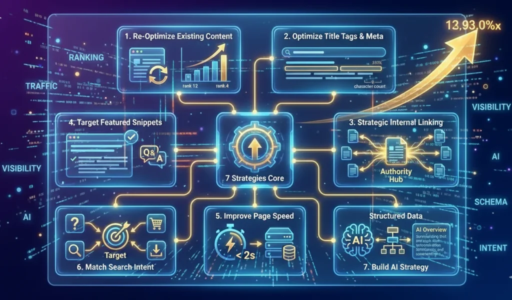 7 search engine positioning strategies including content optimization, title tags, internal linking, featured snippets, page speed, search intent, and AI strategy