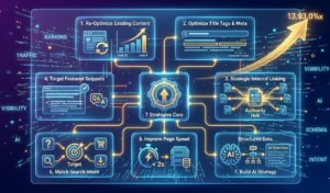 7 search engine positioning strategies including content optimization, title tags, internal linking, featured snippets, page speed, search intent, and AI strategy