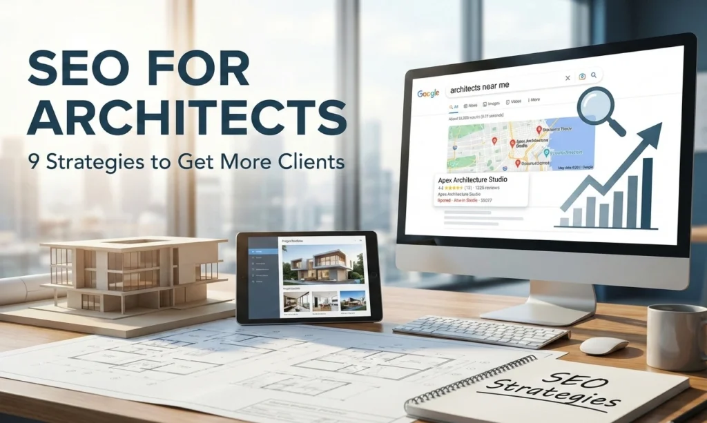 SEO for architects workspace showing Google Local Pack results, architecture portfolio on tablet, house model, and blueprints with growth chart