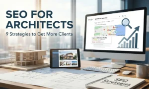 SEO for architects workspace showing Google Local Pack results, architecture portfolio on tablet, house model, and blueprints with growth chart