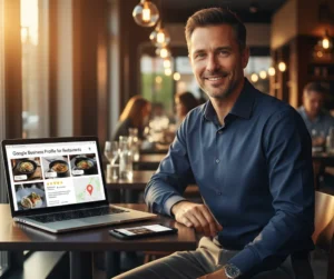 Restaurant owner smiling at laptop showing Google Business Profile dashboard with food photos, 5-star reviews, and map location in busy restaurant setting