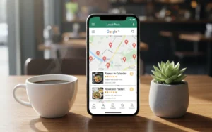 Smartphone displaying Google Maps local pack with restaurant listings, star ratings, and map pins on a wooden table with coffee cup and succulent plant