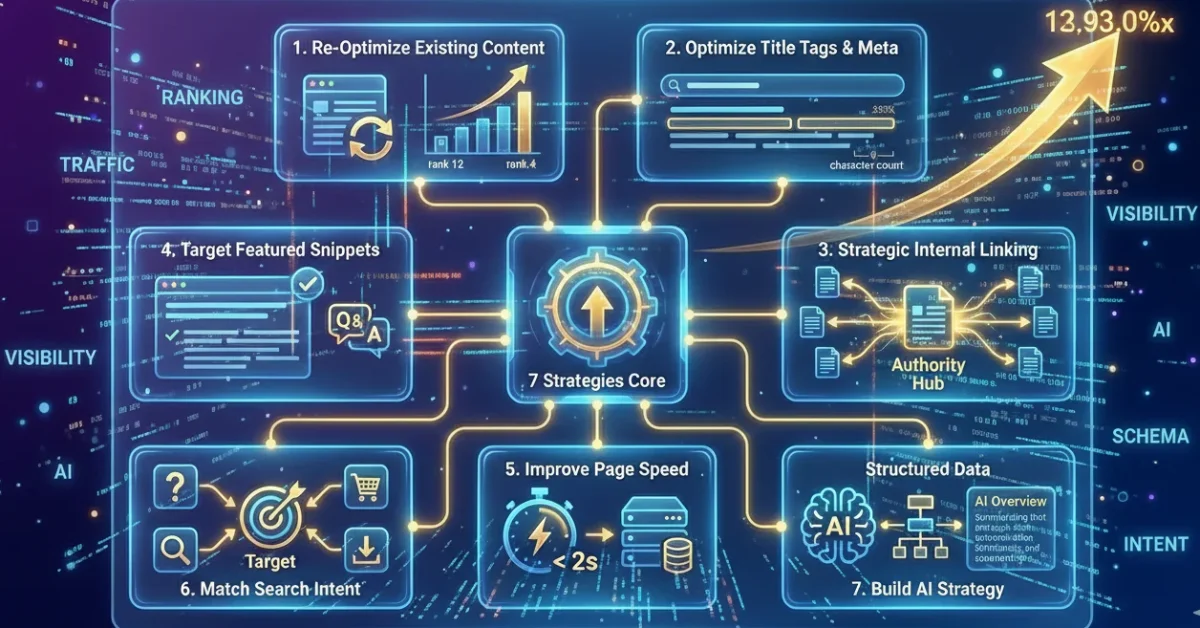 7 search engine positioning strategies including content optimization, title tags, internal linking, featured snippets, page speed, search intent, and AI strategy
