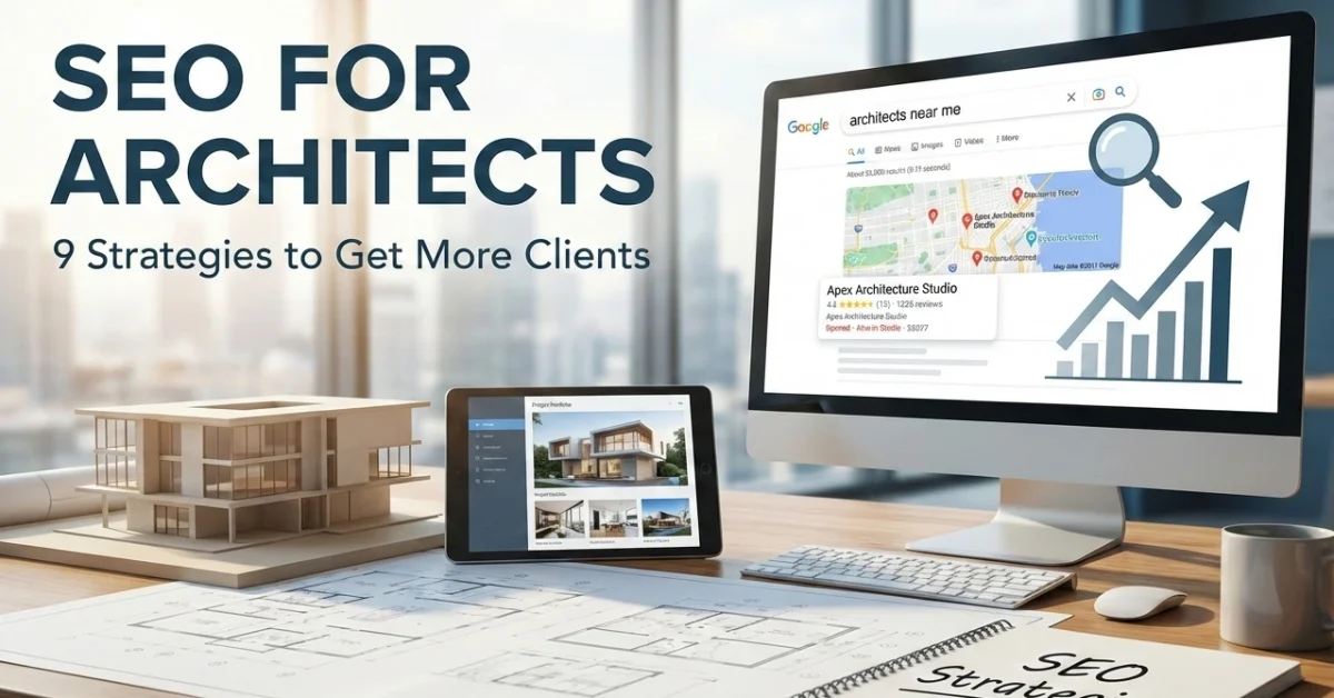 SEO for architects workspace showing Google Local Pack results, architecture portfolio on tablet, house model, and blueprints with growth chart