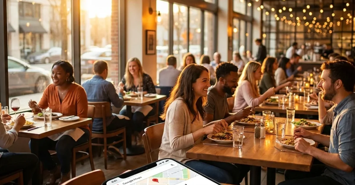 Busy restaurant with happy diners at golden hour and smartphone showing Google Maps listing with 5-star rating