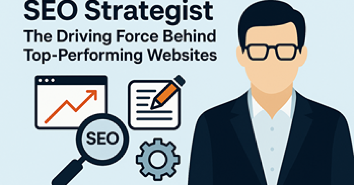 Illustration of an SEO strategist with digital icons representing website analytics, SEO tools, and strategic planning